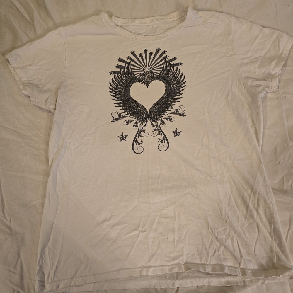 White Graphic Tee with Heart and Wings Design